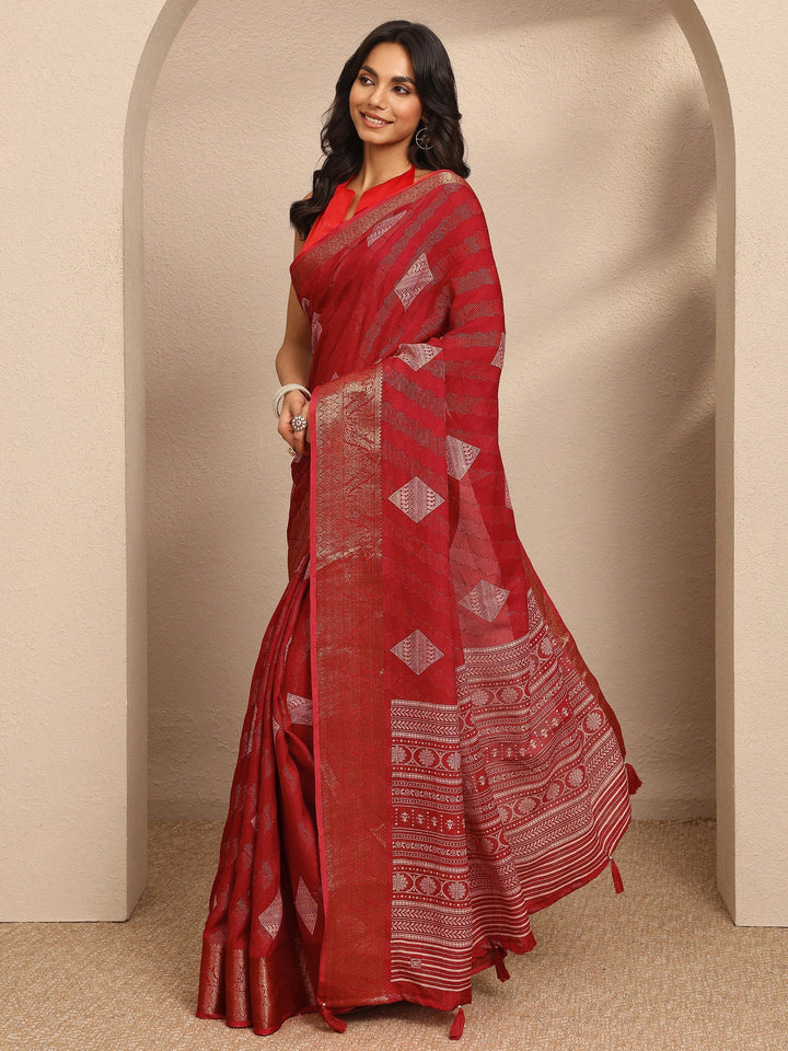 Red Paisley Woven Design Georgette Saree With Unstitched Blouse Piece