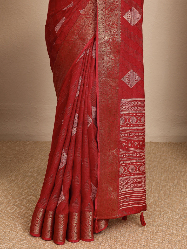 Red Paisley Woven Design Georgette Saree With Unstitched Blouse Piece