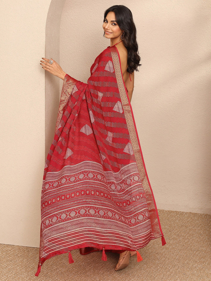 Red Paisley Woven Design Georgette Saree With Unstitched Blouse Piece