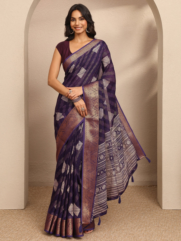Purple Paisley Woven Design Banarsi Georgette Saree With Unstitched Blouse Piece