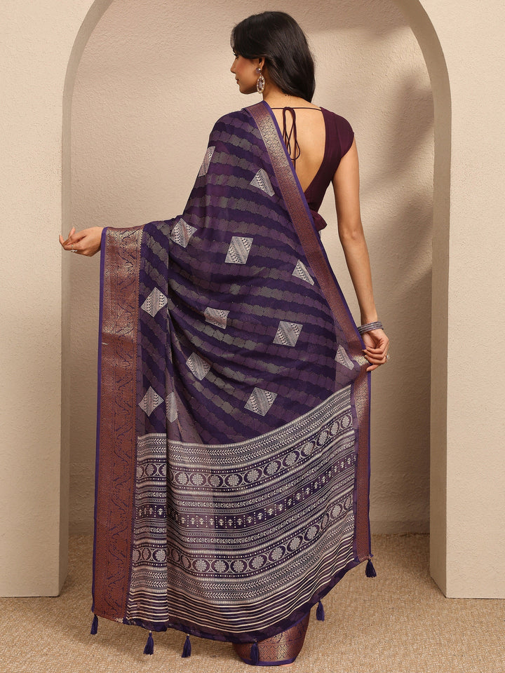 Purple Paisley Woven Design Banarsi Georgette Saree With Unstitched Blouse Piece