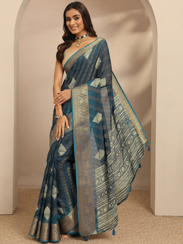 Blue Paisley Woven Design Georgette Saree With Unstitched Blouse Piece