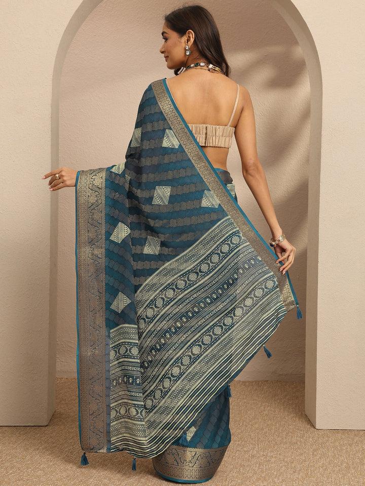 Blue Paisley Woven Design Georgette Saree With Unstitched Blouse Piece