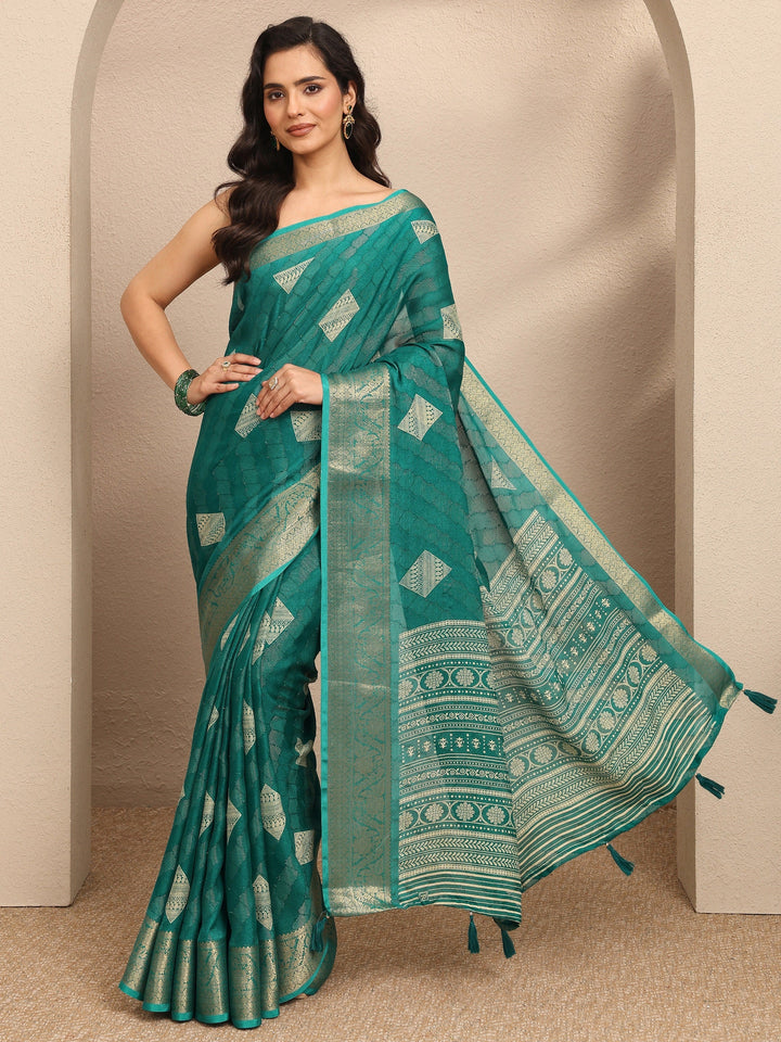 Green Paisley Woven Design Georgette Saree With Unstitched Blouse Piece