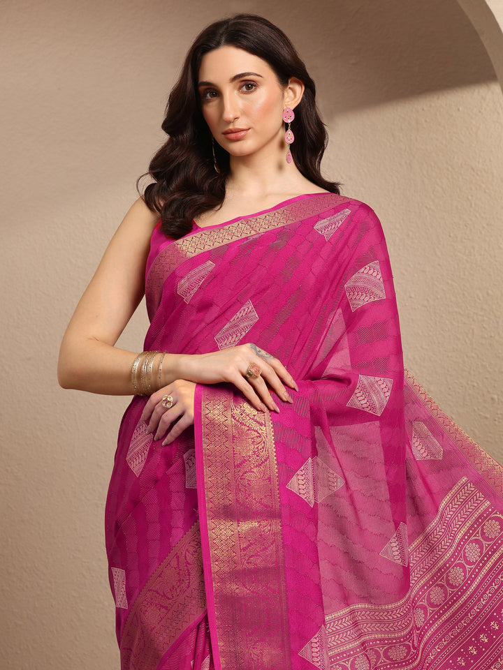 Pink Printed Georgette Saree With Unstitched Blouse Piece
