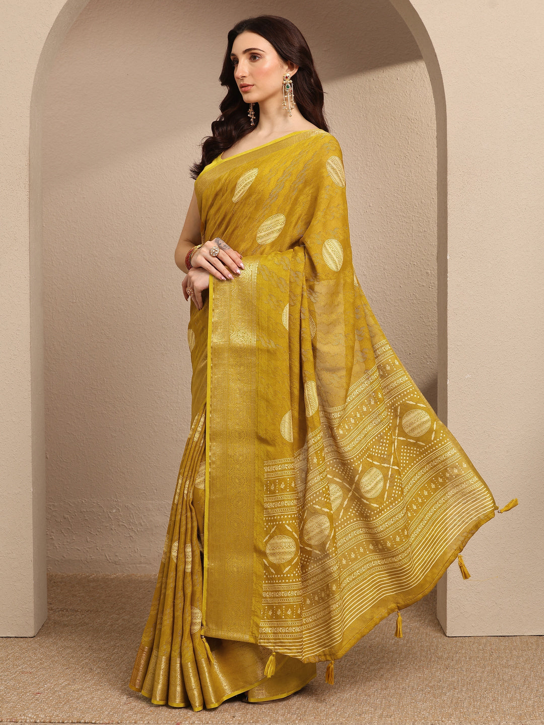 Libas Mustard Printed Georgette Saree With Unstitched Blouse Piece