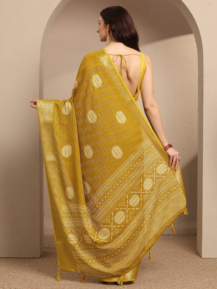 Mustard Printed Georgette Saree With Unstitched Blouse Piece