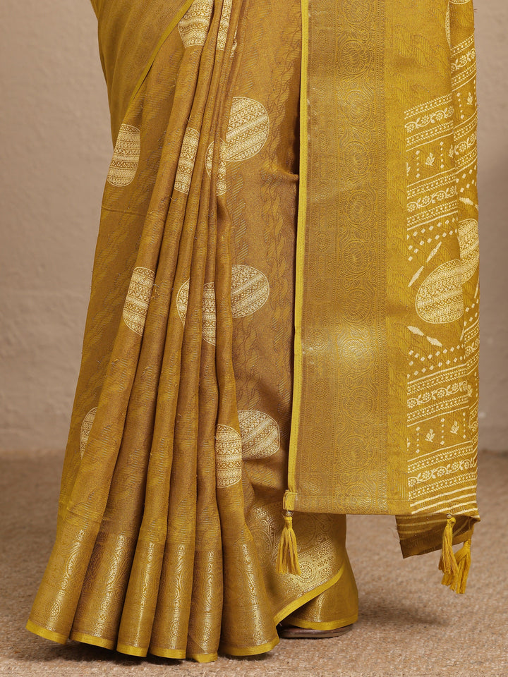 Mustard Printed Georgette Saree With Unstitched Blouse Piece