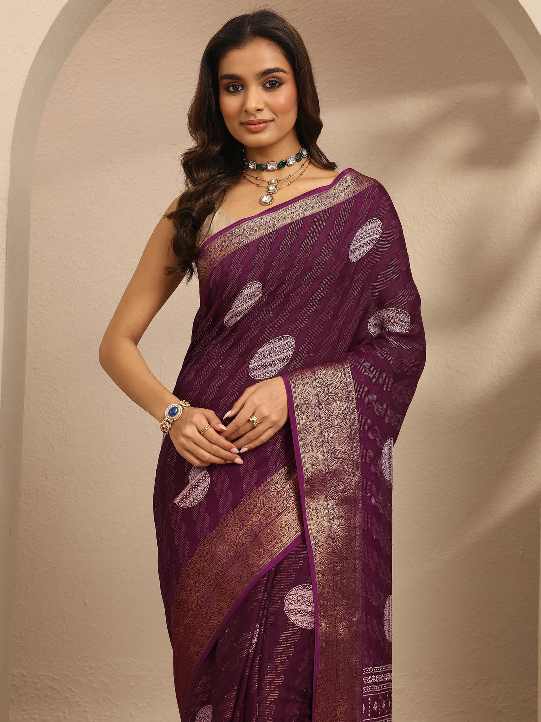 Burgundy Woven Design Georgette Saree With Unstitched Blouse Piece