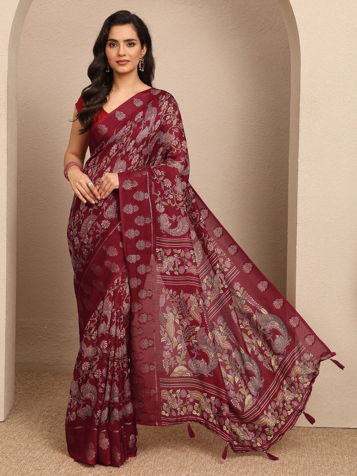 Maroon Printed Georgette Saree With Unstitched Blouse Piece