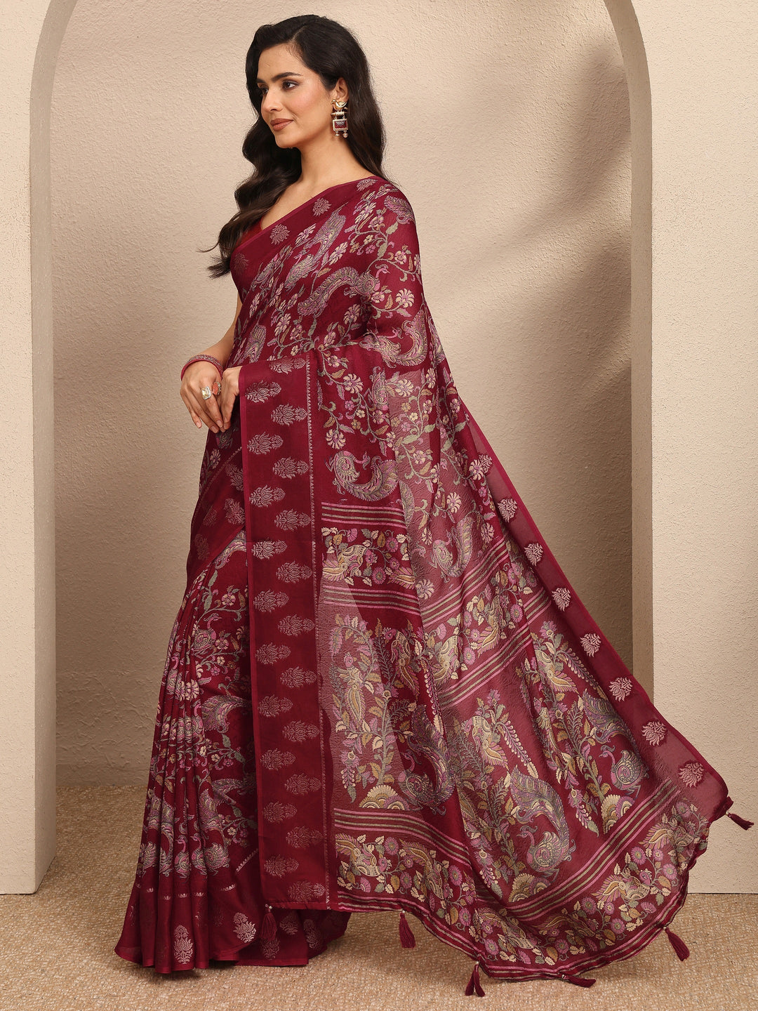 Maroon Printed Georgette Saree With Unstitched Blouse Piece