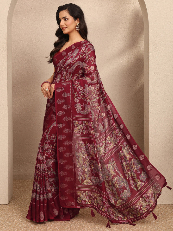 Maroon Printed Georgette Saree With Unstitched Blouse Piece