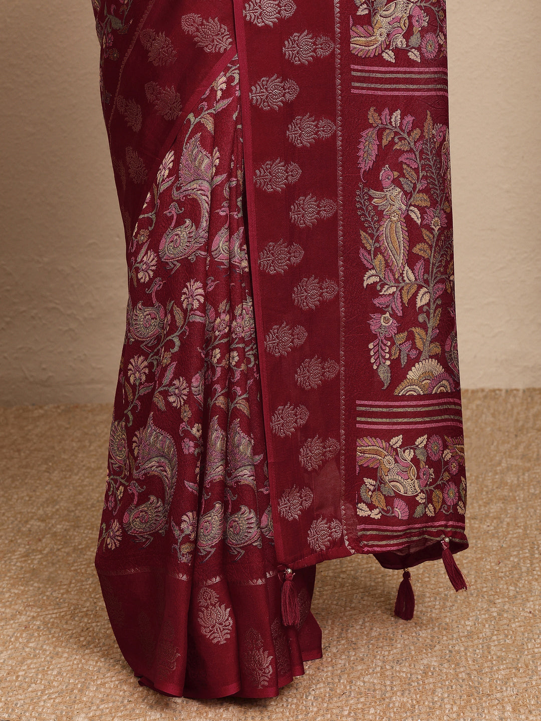 Maroon Printed Georgette Saree With Unstitched Blouse Piece