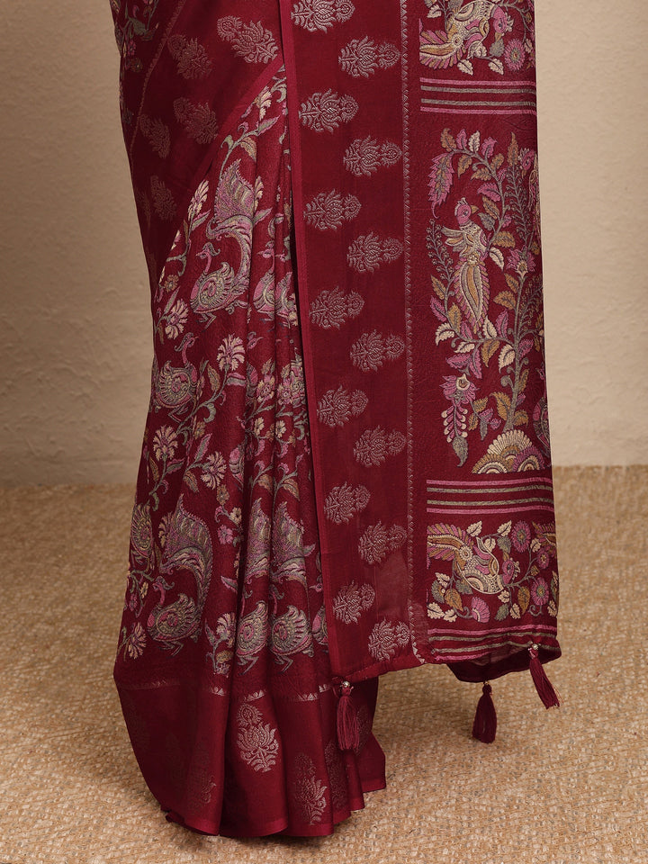Maroon Printed Georgette Saree With Unstitched Blouse Piece