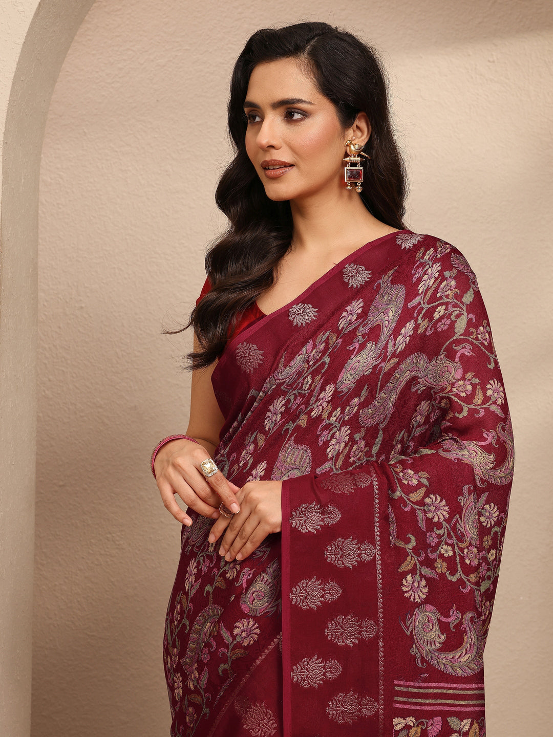 Maroon Printed Georgette Saree With Unstitched Blouse Piece