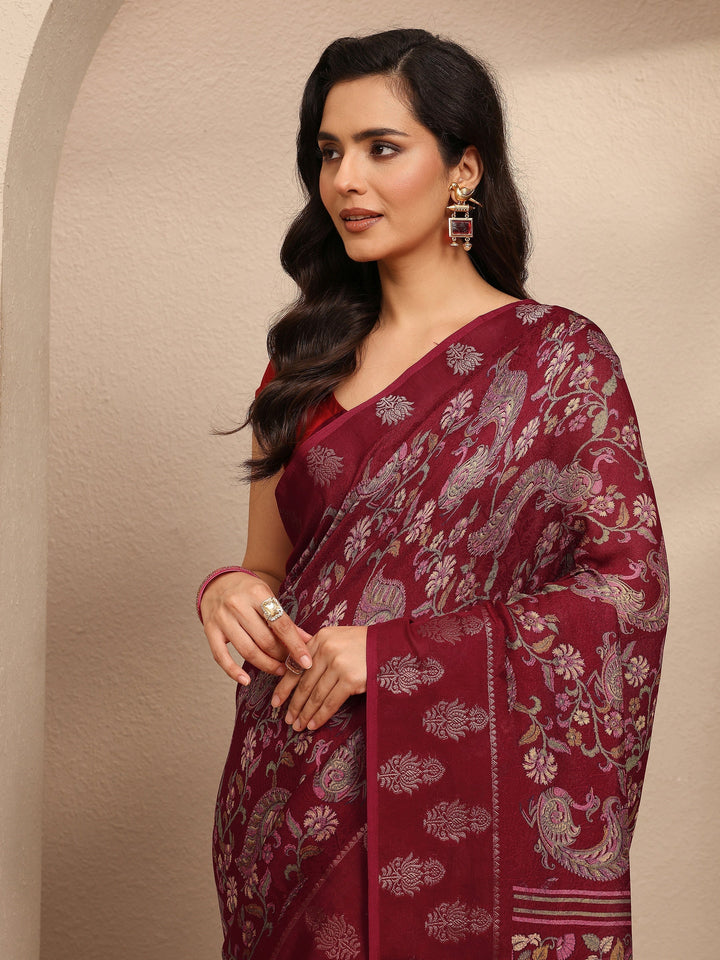 Maroon Printed Georgette Saree With Unstitched Blouse Piece