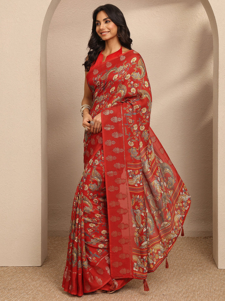 Orange Printed Georgette Saree With Unstitched Blouse Piece
