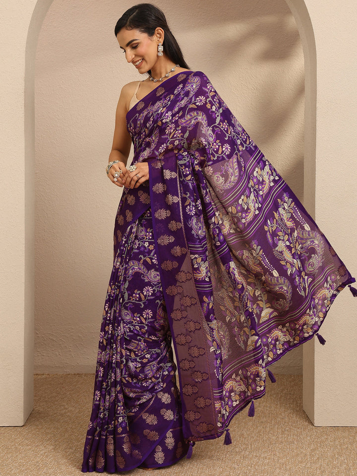 Purple Printed Georgette Saree With Unstitched Blouse Piece