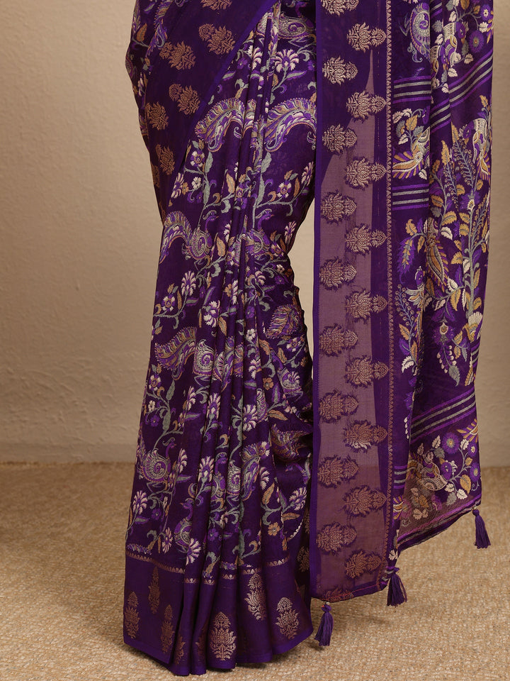 Purple Printed Georgette Saree With Unstitched Blouse Piece