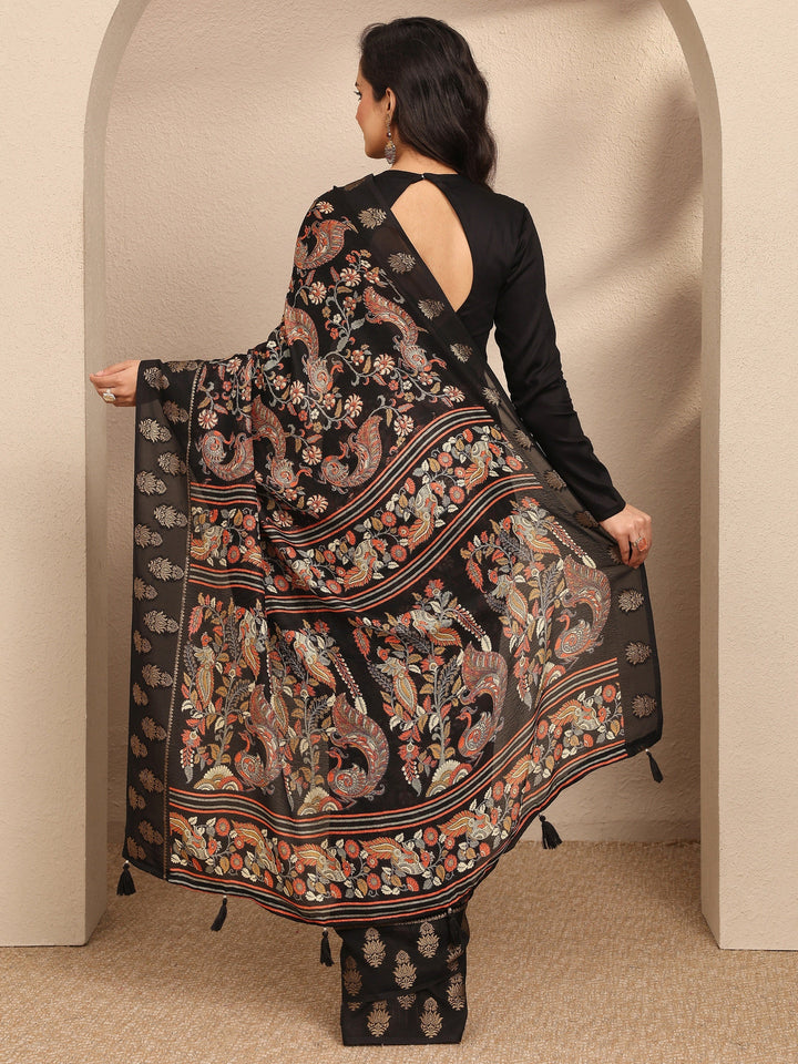 Black Printed Georgette Saree With Unstitched Blouse Piece