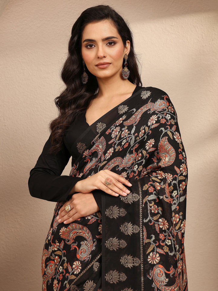 Black Printed Georgette Saree With Unstitched Blouse Piece