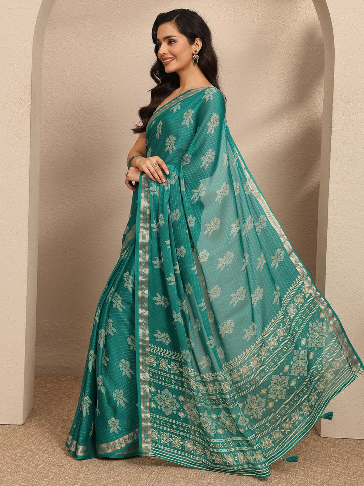 Green Printed Silk Blend Saree With Unstitched Blouse Piece