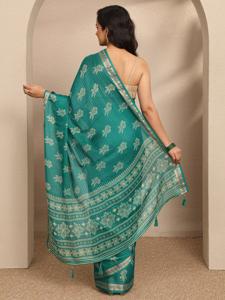 Green Printed Silk Blend Saree With Unstitched Blouse Piece