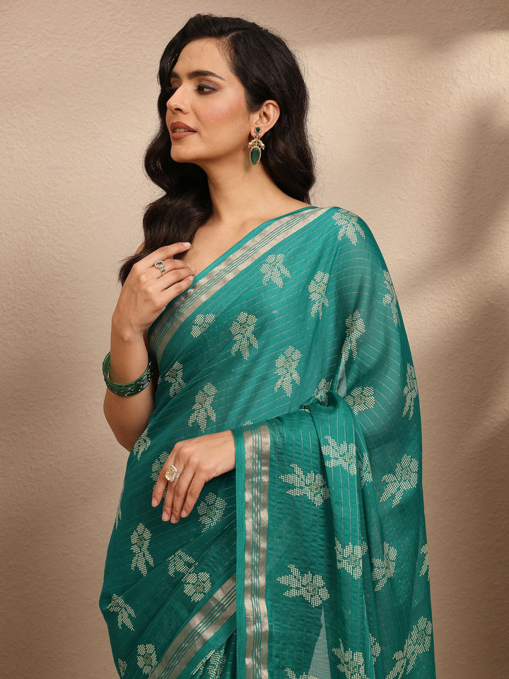 Green Printed Silk Blend Saree With Unstitched Blouse Piece