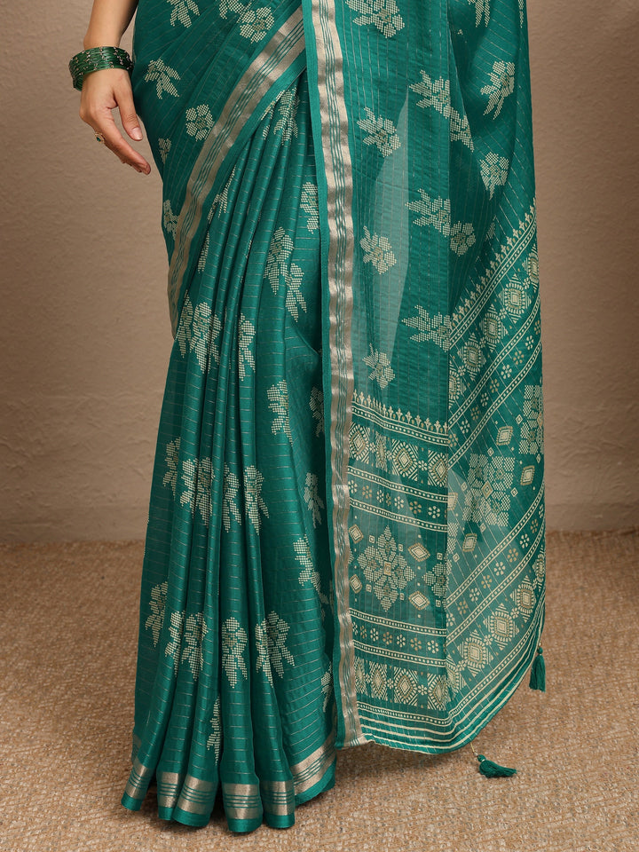 Green Printed Silk Blend Saree With Unstitched Blouse Piece