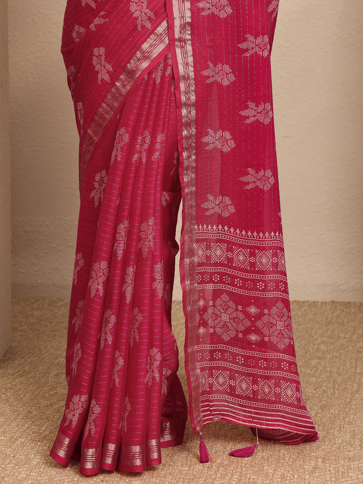 Red Printed Silk Blend Saree With Unstitched Blouse Piece
