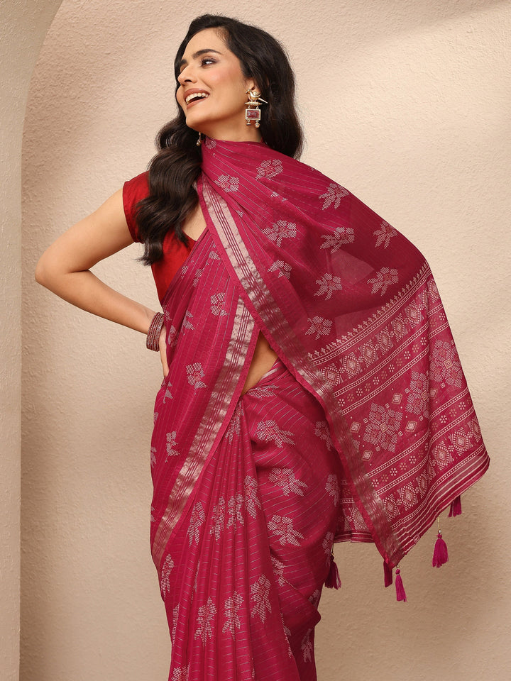 Red Printed Silk Blend Saree With Unstitched Blouse Piece