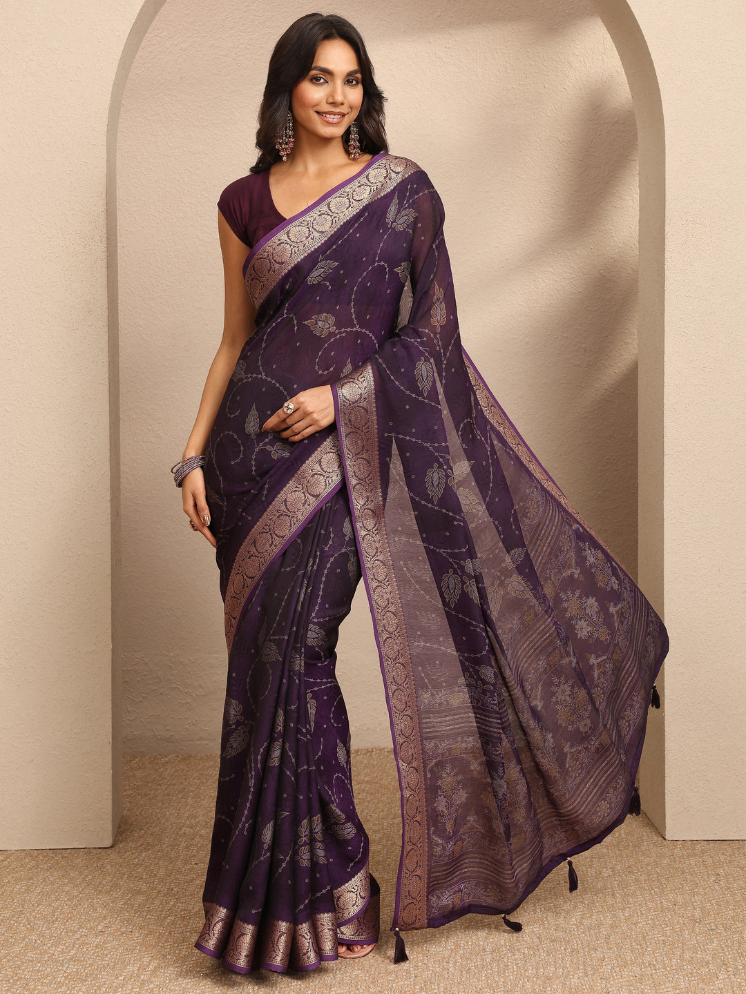 Purple Printed Georgette Saree With Unstitched Blouse Piece