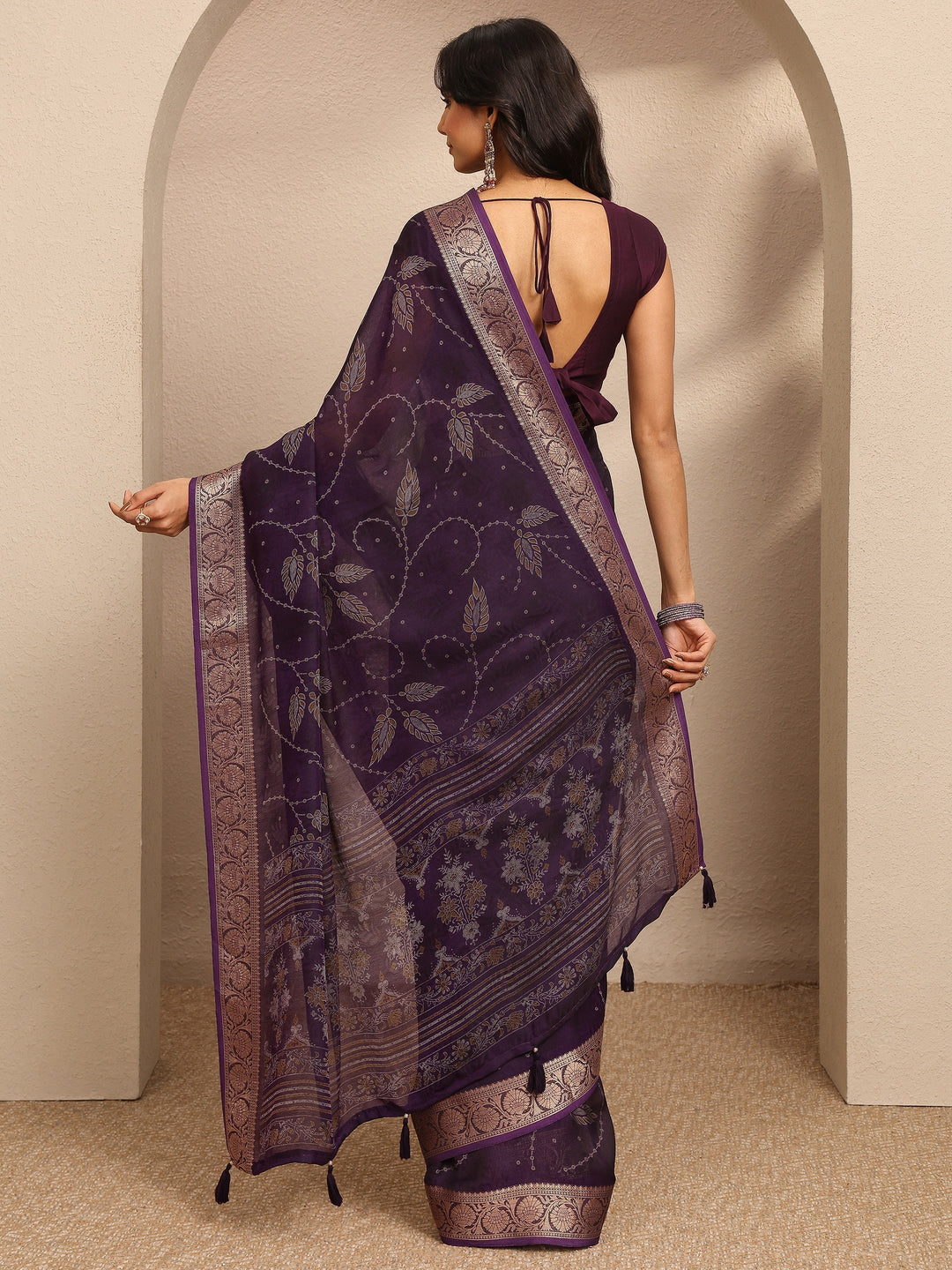 Purple Printed Georgette Saree With Unstitched Blouse Piece