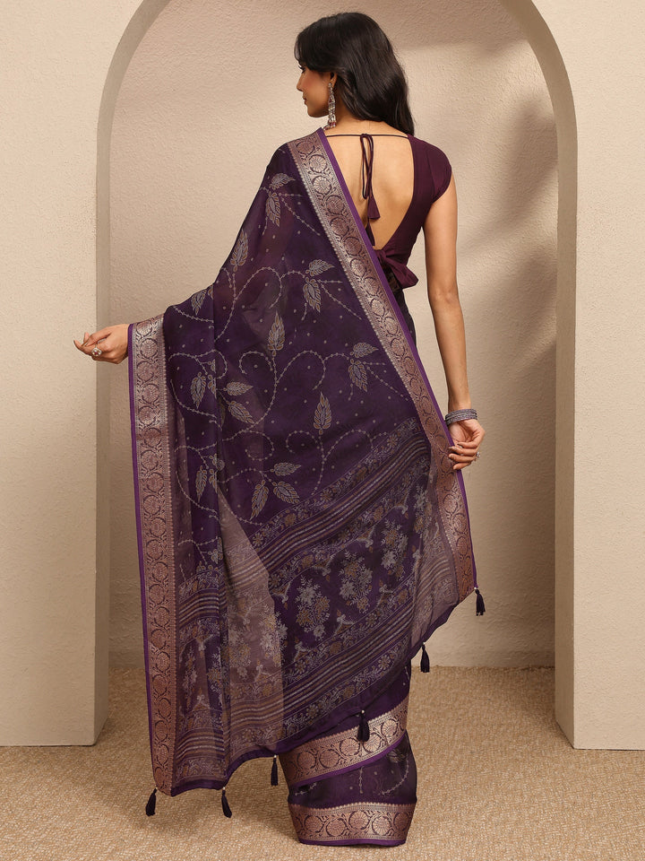 Purple Printed Georgette Saree With Unstitched Blouse Piece