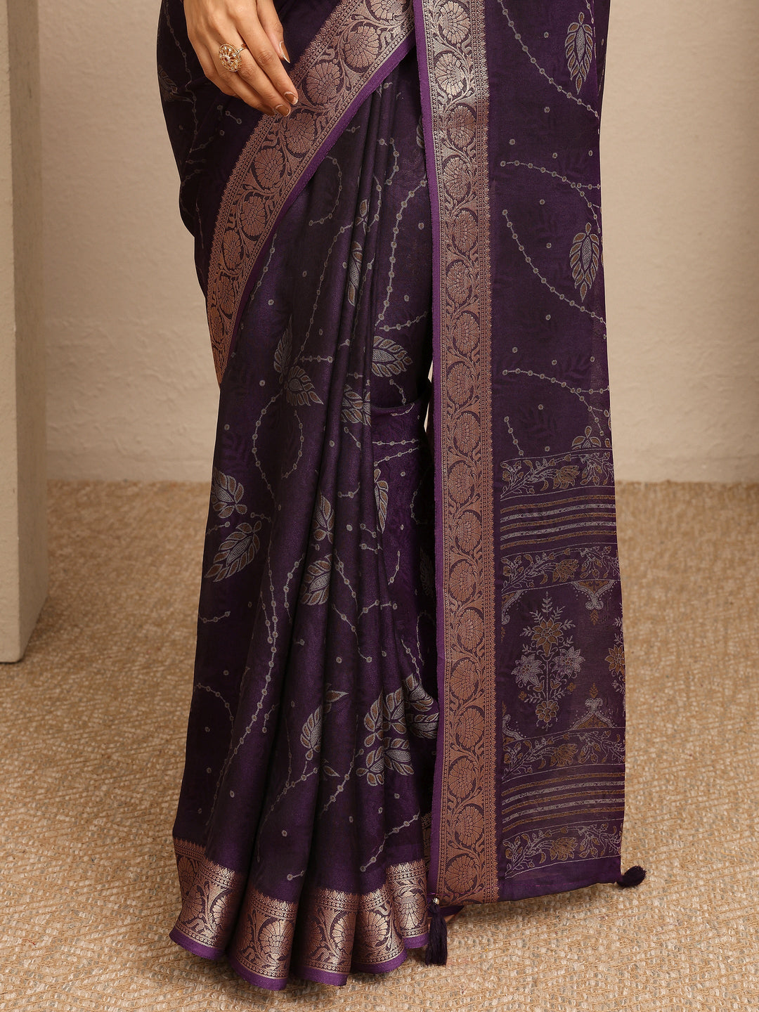 Purple Printed Georgette Saree With Unstitched Blouse Piece