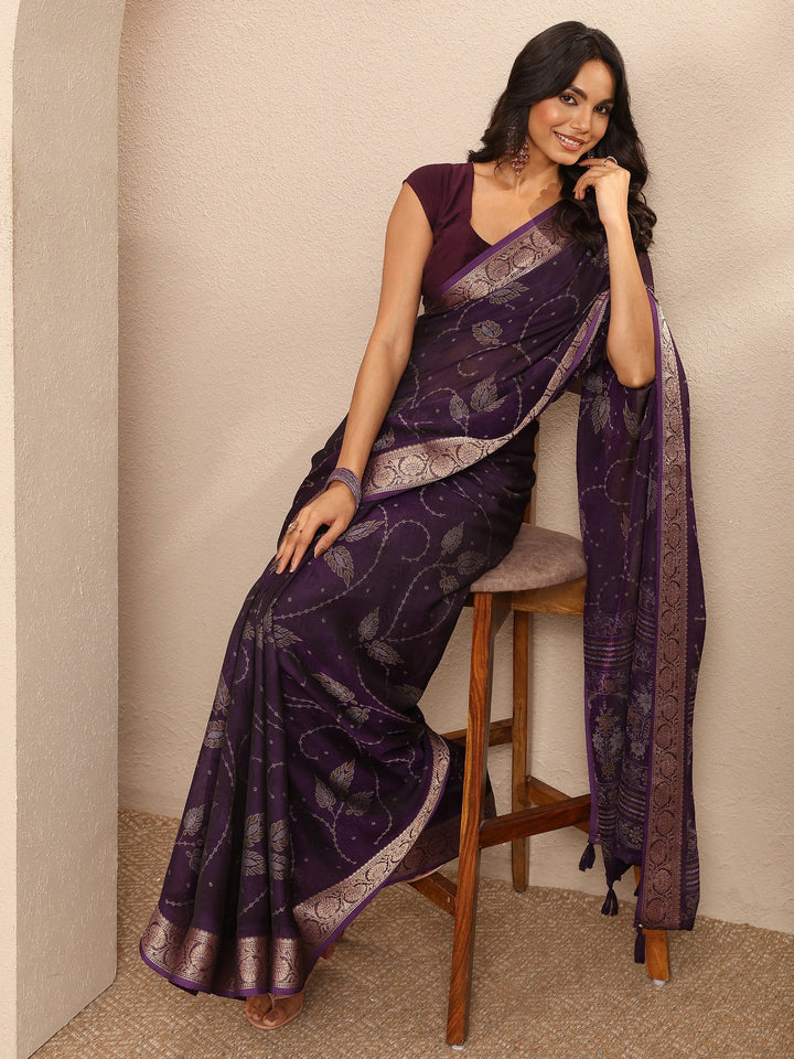 Purple Printed Georgette Saree With Unstitched Blouse Piece