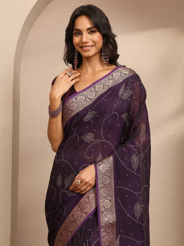 Purple Printed Georgette Saree With Unstitched Blouse Piece