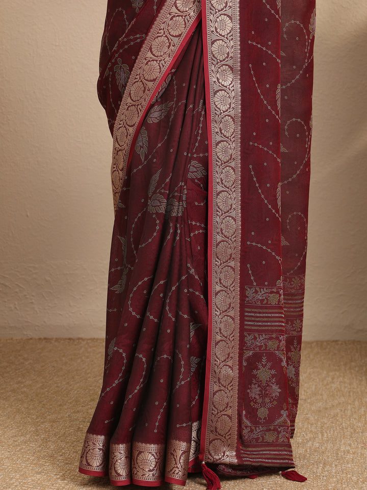 Maroon Printed Georgette Saree With Unstitched Blouse Piece