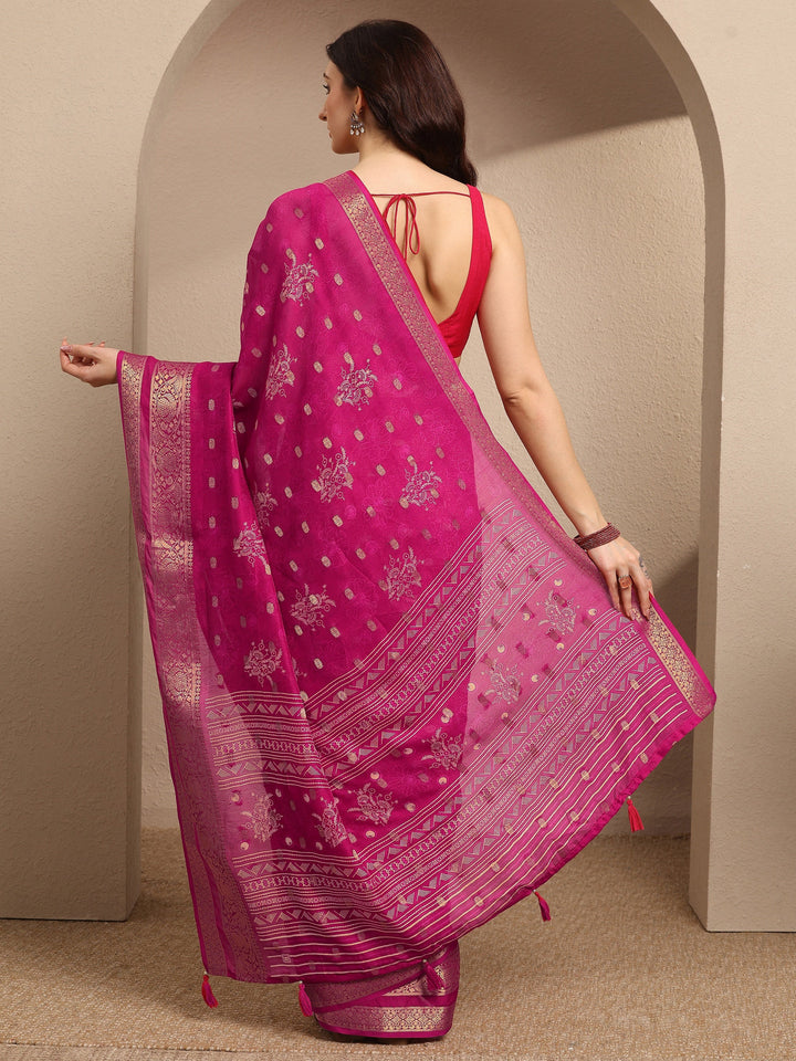 Pink Printed Georgette Saree With Unstitched Blouse Piece