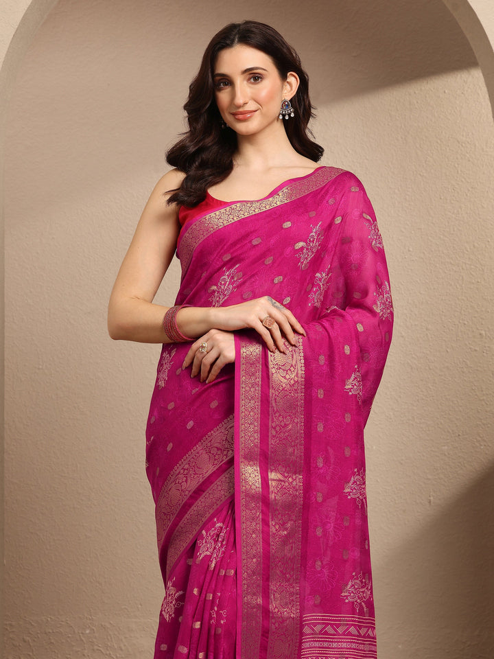 Pink Printed Georgette Saree With Unstitched Blouse Piece