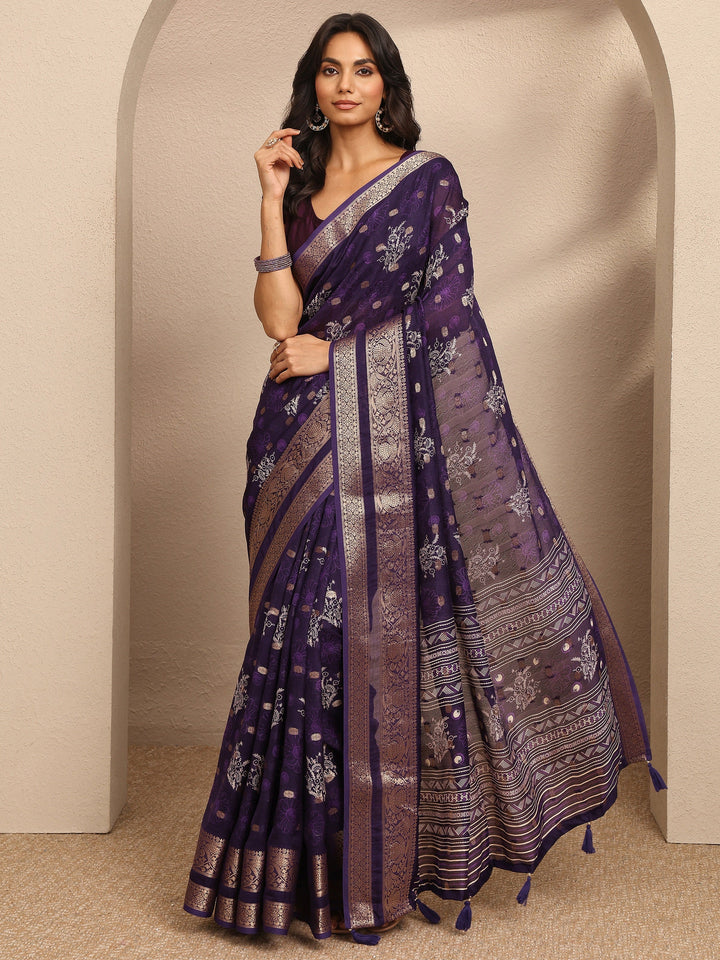 Purple Printed Georgette Saree With Unstitched Blouse Piece