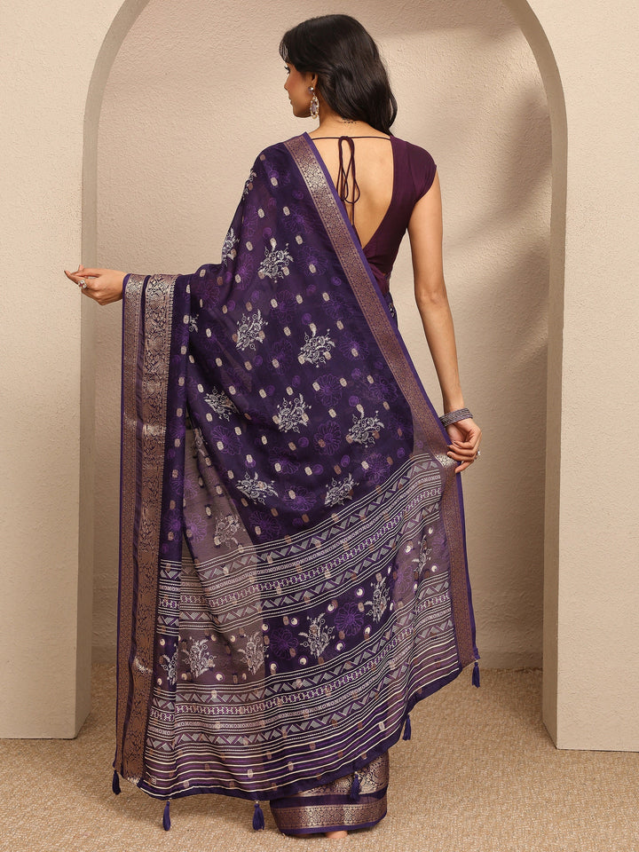 Purple Printed Georgette Saree With Unstitched Blouse Piece