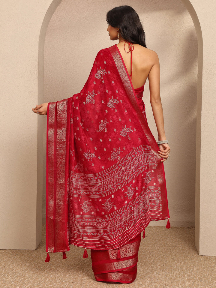 Red Printed Georgette Saree With Unstitched Blouse Piece