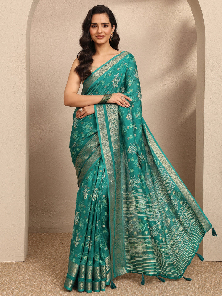 Green Printed Georgette Saree With Unstitched Blouse Piece