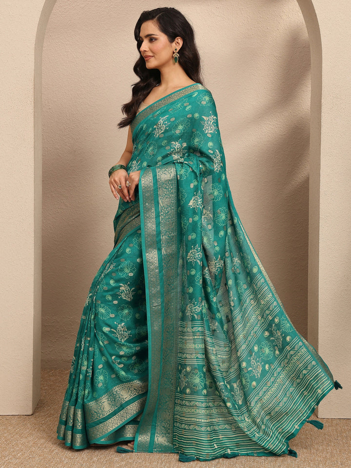 Green Printed Georgette Saree With Unstitched Blouse Piece