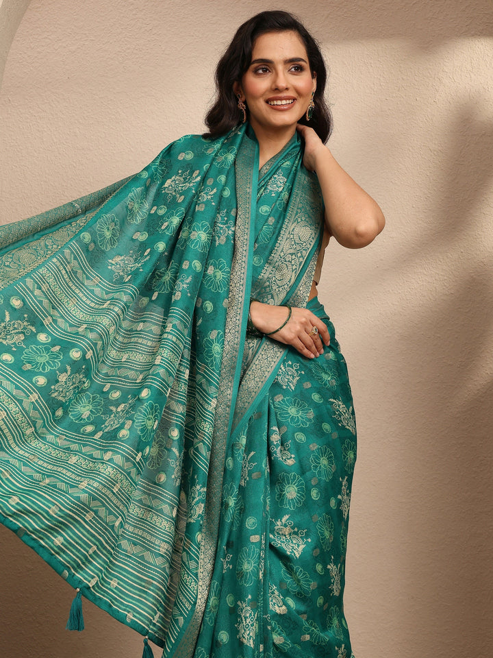 Green Printed Georgette Saree With Unstitched Blouse Piece