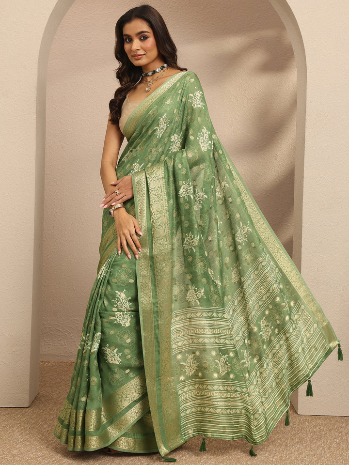 Green Printed Georgette Saree With Unstitched Blouse Piece