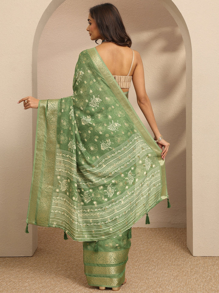Green Printed Georgette Saree With Unstitched Blouse Piece