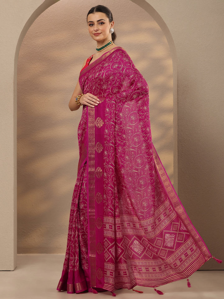 Pink Printed Silk Blend Saree With Unstitched Blouse Piece