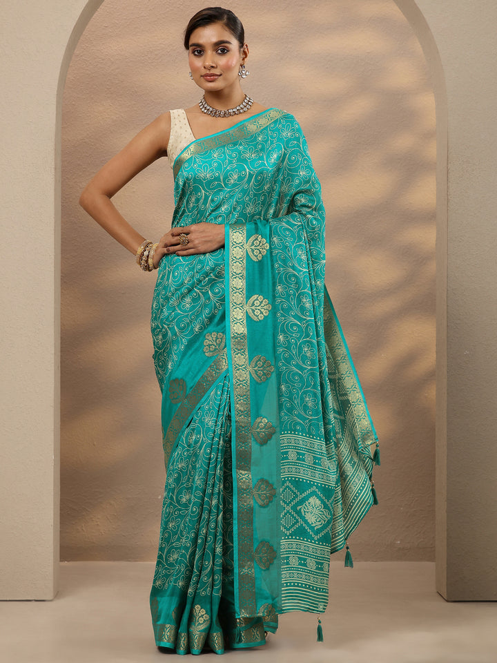 Blue Printed Silk Blend Saree With Unstitched Blouse Piece